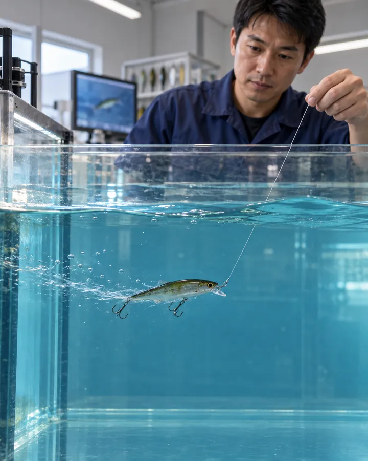 示意图:技术人员在水槽中测试拟饵泳姿